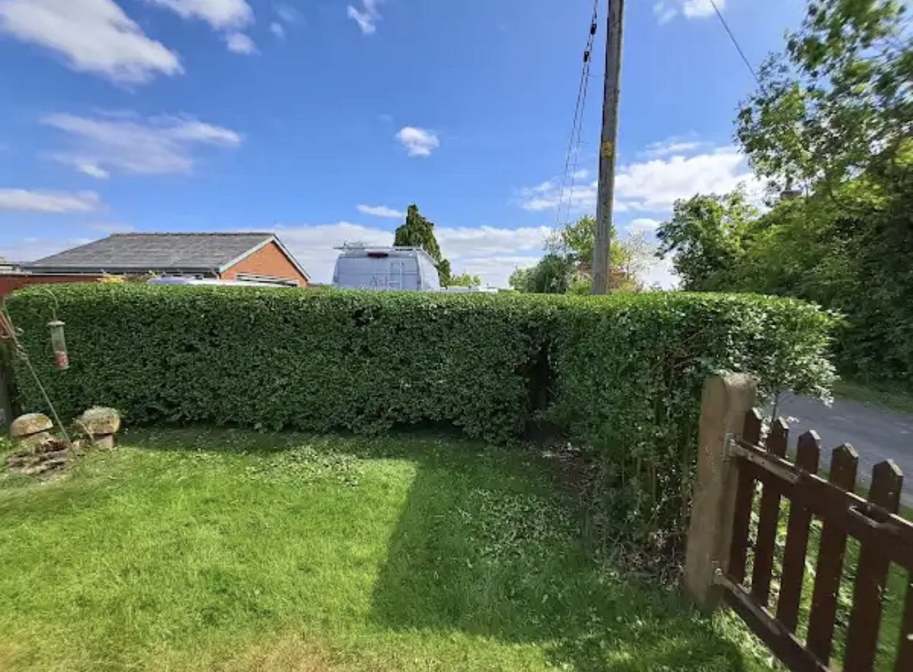 Neatly cut boundary hedge beside a lawn