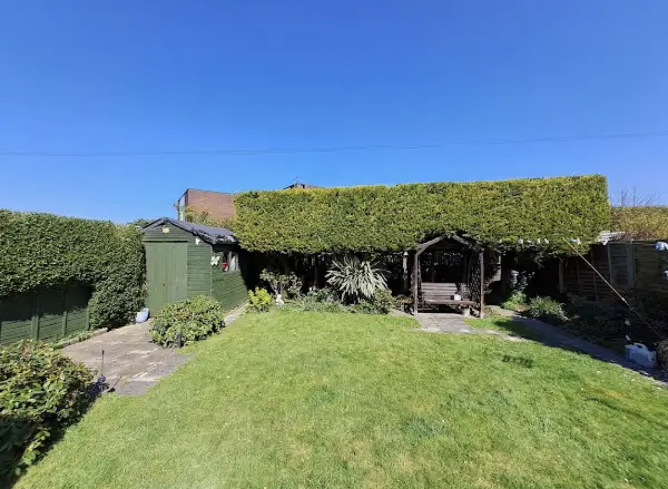 Long garden hedge cut to a level line